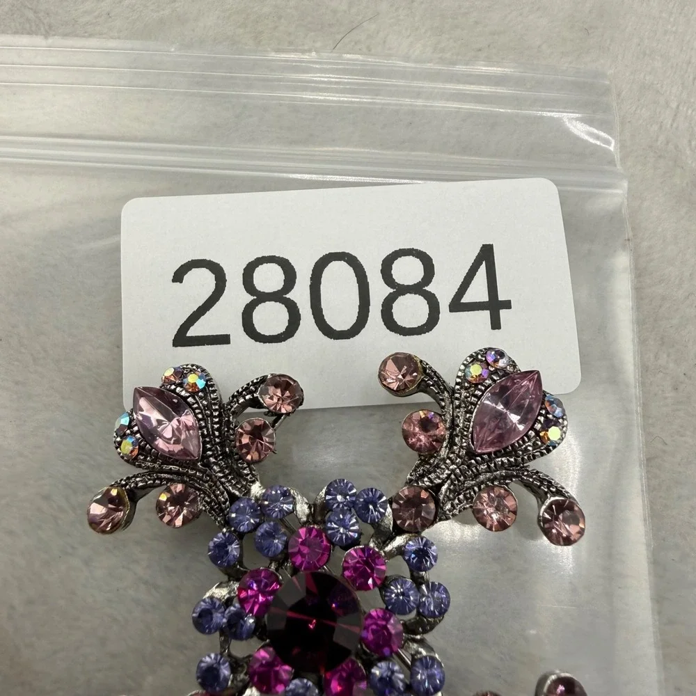 Rhinestone Cross Brooch Silver Tone Purple Pink Pendant Bale